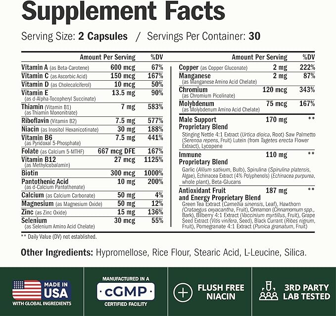 Multivitamin for Men with Methylated Vitamins and Chelated Minerals for Energy, Focus and Immune Health – Premium Daily Mens Multivitamins & Multiminerals – 60 Capsules