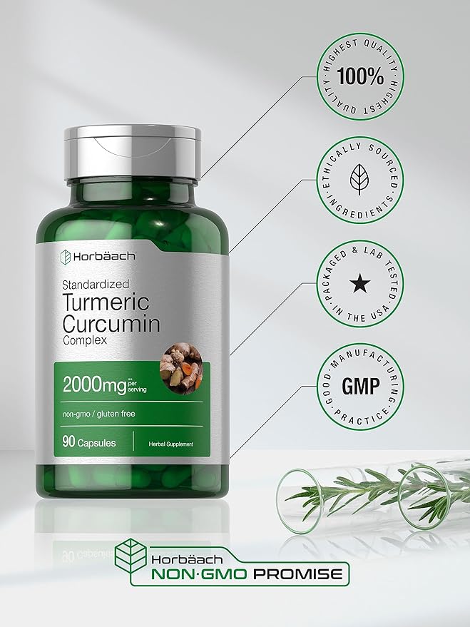 Horbäach Turmeric Curcumin Supplement | 90 Capsules | Complex with Black Pepper | Non-GMO, Gluten Free