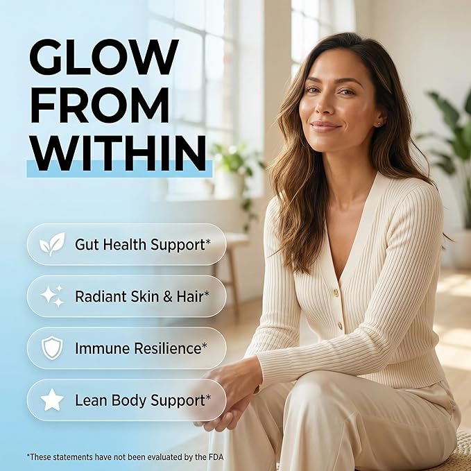 Bovine Colostrum Powder + Collagen Peptides with L-Glutamine L-Lysine Prebiotics Probiotics Digestive Enzymes Vitamin D K2 C Quercetin & Folate | Gut Health Supplement Internal Glow By Clean Nutra