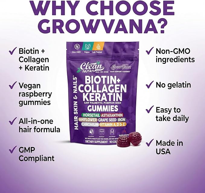 GrowVana Hair Growth Gummies for Women Biotin Collagen Keratin Saw Palmetto Horsetail Astaxanthin Iron Zinc Pantothenic Acid Vitamin A D E Pumpkin Seed Ahiflower MSM Supplement by Clean Nutra 90 Count