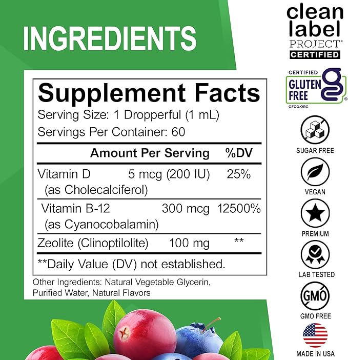 Zeolite Detox for Kids Liquid Drops - Advanced Clinoptilolite with Pure Vitamins B12 & D - Kids Gentle Body Daily Cleanse Focus & Speech Extra Clinoptilolite Zeolite Drops Detox Cleanse Supplement 2oz