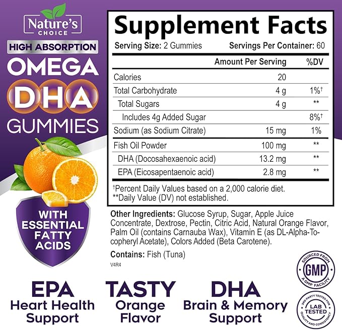Omega 3 Fish Oil Gummies - Triple Strength Omega3 Gummy - DHA & EPA Fatty Acids for Heart Health, Joint & Brain Support, Nature's High Absorption Omega Fish Oil Supplement, Orange Flavor- 120 Gummies