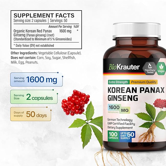 BIO KRAUTER® Ginseng Supplement for Energy, Focus, Performance & Immune Support - Pure Vegan Korean Red Ginseng 1600 mg per Serving - 100 Сapsules, 50-Day Supply, Non-GMO Herbal Supplement