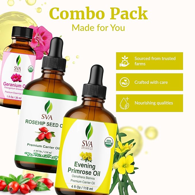 SVA Evening Primrose, Geranium, and Rosehip Oil 4 oz Bundle Super Saver Combo – Premium Grade Bundle Set for Hair Oiling, Scalp Massage, Hair Care, Face, Skin Care and Body Massage