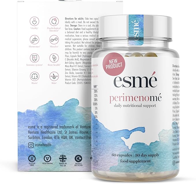 Esme Menopause Supplements Perimenopause Supplements 1 Month Supply - Daily Support for The Early Stage of Menopause – 60 Capsules - Includes Ashwagandha, Vitamins and Red Clover