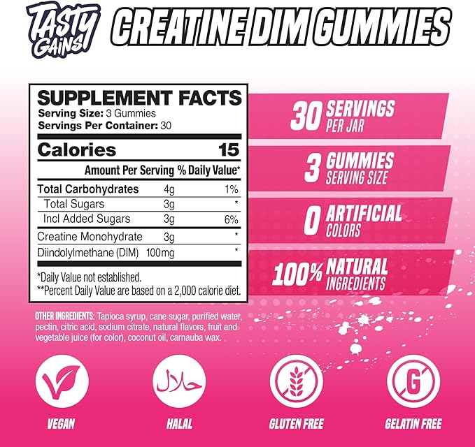 Creatine Gummies for women | 3g Creatine Monohydrate Per Serving | DIM Supplement 100 mg | Estrogen Balance for Women | Hormonal Acne, Hormone Balance, Glute Builder (90 Count, Pineapple Mango)