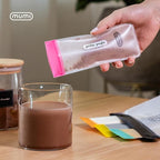 MUMI Single Dose Kit – 7pc (2.36” x 6.14”) Reusable Protein Powder Travel Container Packets with Zip-Up Bag (8” x 5”) & Funnel | Protein Powder Container to Go, Travel Powder Containers & Organizer