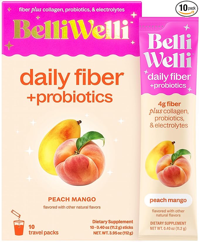 Belli Welli Fiber Supplement, Probiotics Fiber Powder Travel Pack for Women with Collagen & Electrolytes for Daily Gut Health & Debloating, Peach Mango, 10 Packets
