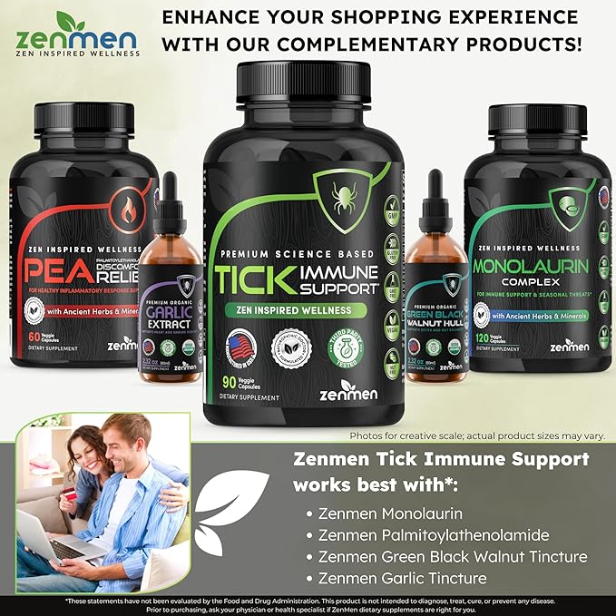 Zenmen Tick Immune Support 180 Vegan Capsules, 2 Bottles - Improved Formula - Japanese Knotweed, Cat's Claw, Chinese Skullcap, Cryptolepis Sanguinolenta, Sweet Wormwood - Made in The USA
