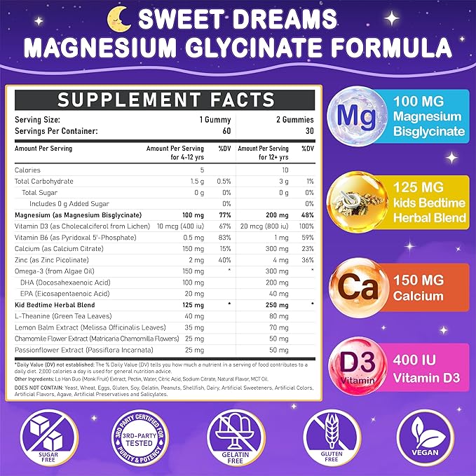 Magnesium Glycinate Gummies for Kids 4+: Sugar Free Magnesium Bisglycinate Gummy with Chamomile, L-Theanine, Lemon Balm, B6, Omega 3, Zinc - Gluten Free, Non-GMO, Vegan, Mixed Berry Flavor