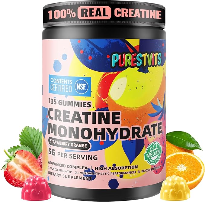 NSF Certified Creatine Gummy 5g - Creatine Monohydrate Gummies – Pre-Workout Energy & Muscle Growth Support for Men & Women | Strawberry Orange Electrolyte Gummies (135 Count)