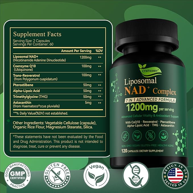 Liposomal NAD+ Supplement with Resveratrol, CoQ10 | Advanced Cellular Support, Nicotinamide Riboside NMN Replacement Premium Antioxidant & Energy