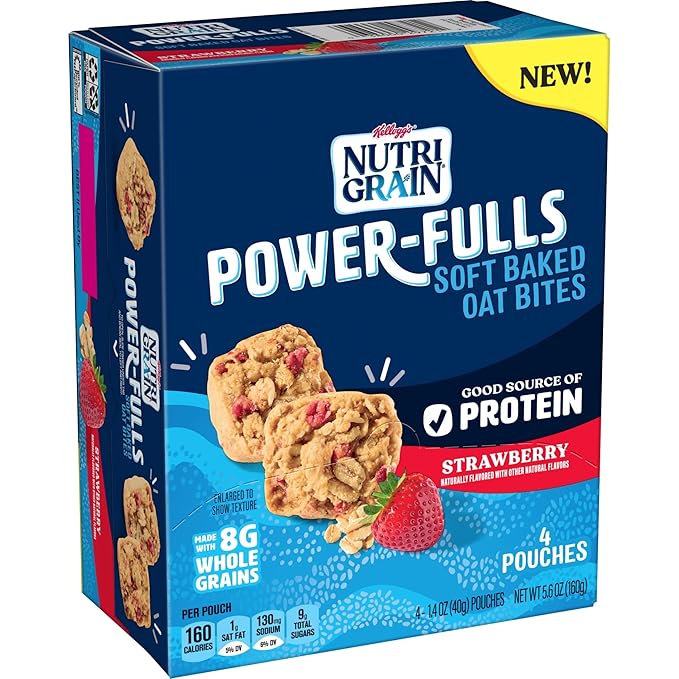 Nutri-Grain Power-Fulls Soft Baked Oat Bites, Protein Snacks, Whole Grain, Strawberry (5 Boxes, 20 Pouches)
