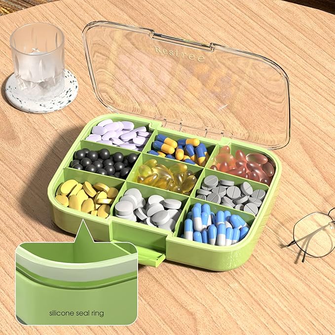 Restree Pill Organizer, Large & Waterproof Travel Pill Case, Adjustable Dividers for Daily Vitamins, Supplements, Fish Oil - Portable Medicine Box for Home & On-The-Go, 9 Compartment (Green)