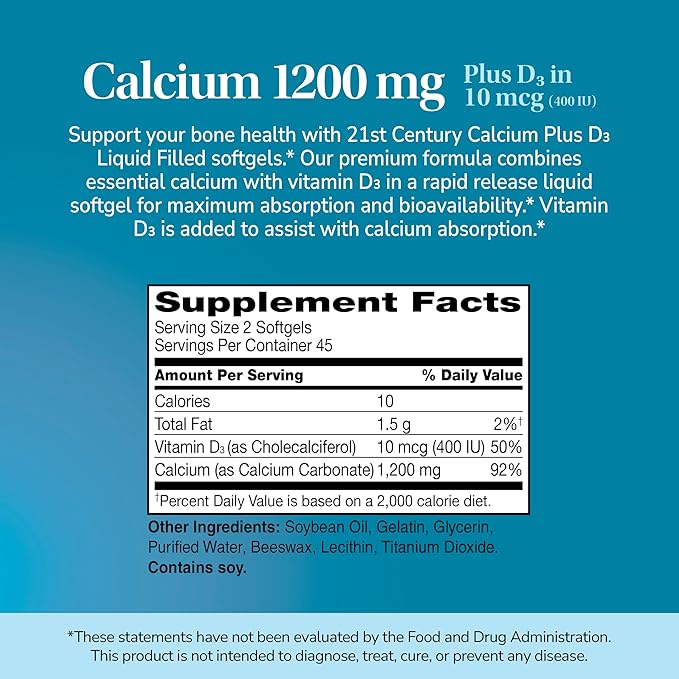 21st Century Calcium Plus D3 Liquid Filled Softgel, 1200 mg, 90 Count