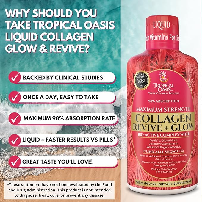 Tropical Oasis Liquid Collagen Glow for Women & Men | 5000mg VERISOL Collagen Peptides + 12500mcg Biotin | Clinically Tested for Thicker Hair, Brighter Skin, Wrinkles & Stronger Nails | 32 Serv