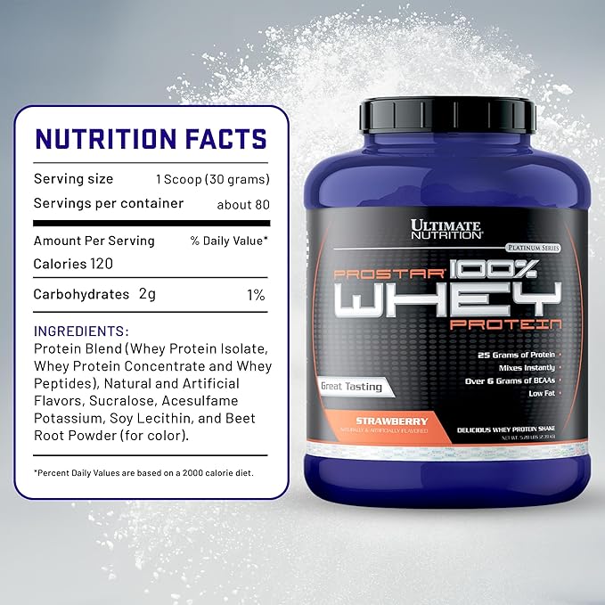 Ultimate Nutrition Prostar Whey Protein Powder of Isolate Concentrate Peptides Blend , Keto Friendly, 25 Grams of Protein and 6 Grams of BCAAs - 80 Servings, Strawberry, 5.28 Pounds