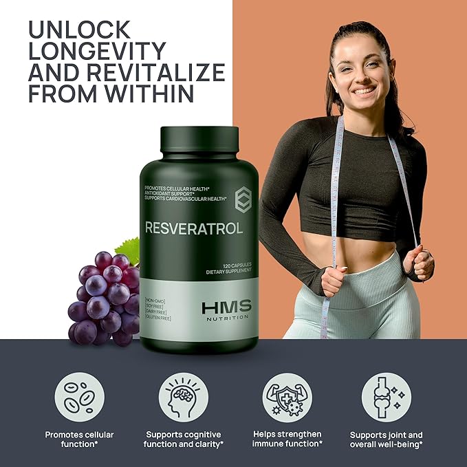 HMS Nutrition Resveratrol 1400 mg per Serving — 120 Vegan Capsules | High‑Potency Trans‑Resveratrol with Acai, Grape Seed & Green Tea | Antioxidant, Cellular & Heart Support