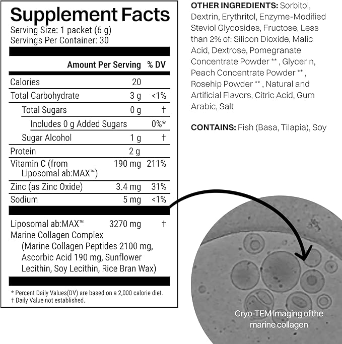 Haroutine Liposomal Marine Collagen Powder Packets, 2100mg Sugar-Free Flavored Powder, 190mg Vitamin C for Skin, Hair, and Nails, Supports Joint Health - 30 Packets, Peach Pomegranate Flavor