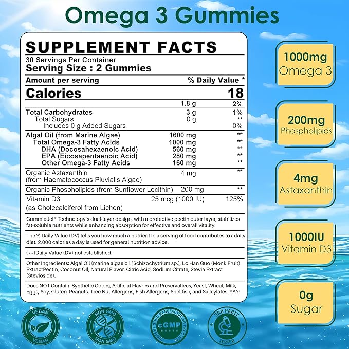 Vegan Omega 3 Gummies + Phospholipids, Astaxanthin, Vitamin D3, DHA 560mg & EPA 280mg, Fish-Free Algae Omega 3 Supplement for Adults & Kids for Brain, Eye, Skin and Overall Health, Sugar Free, 60 Cts