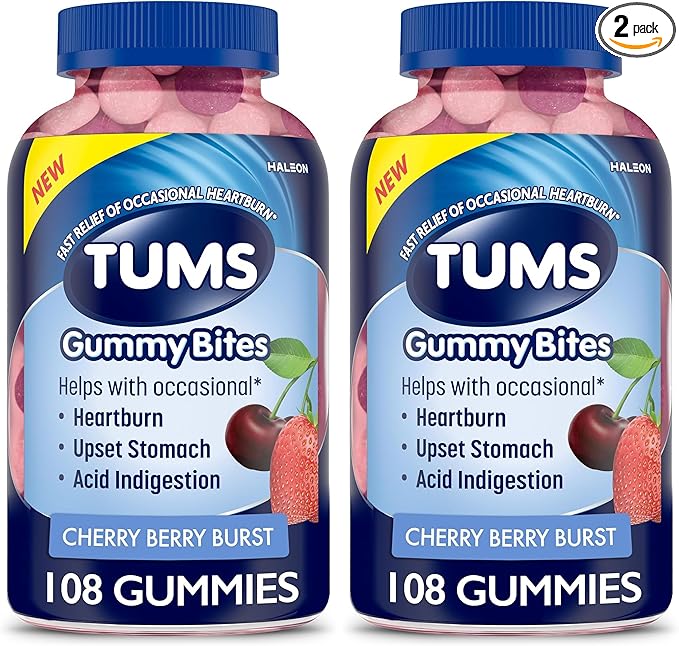 TUMS Gummy Bites Dietary Supplement for Occasional Heartburn Relief, Upset Stomach and Acid Indigestion, Great for a Summer BBQ - Cherry Berry Burst - 108 Count (Pack of 2)