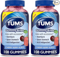 TUMS Gummy Bites Dietary Supplement for Occasional Heartburn Relief, Upset Stomach and Acid Indigestion, Great for a Summer BBQ - Cherry Berry Burst - 108 Count (Pack of 2)