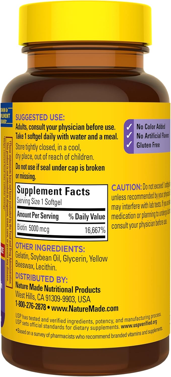 Nature Made Maximum Strength Biotin 5000 mcg Softgels, Biotin Hair Skin and Nails Vitamins Dietary Supplement, 120 Count