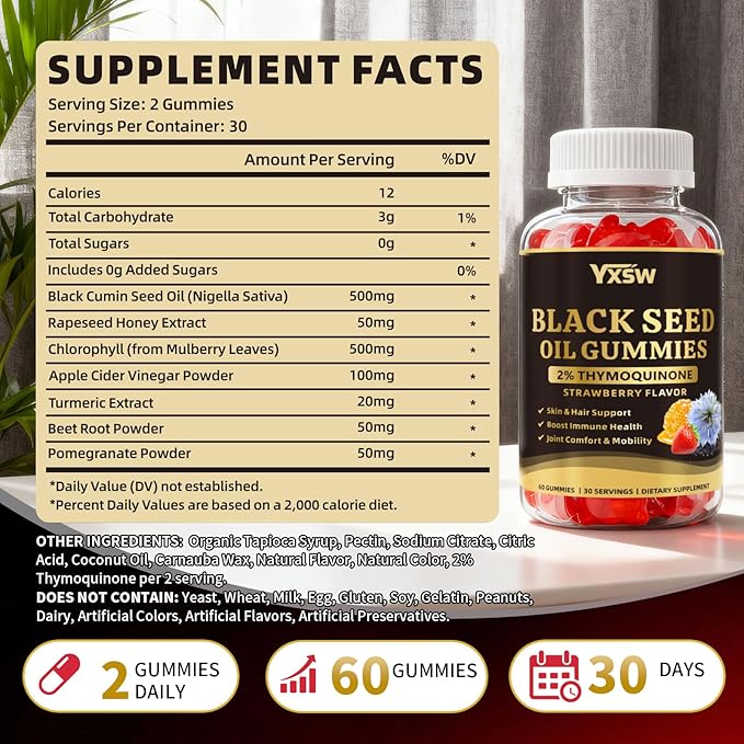 Black Seed Oil Gummies 500mg with Honey and 2% Thymoquinone, Nigella Sativa Seeds for Boost Immune Health, Joints, Digestion, Hair & Skin, Strawberry Flavor, 120 Count