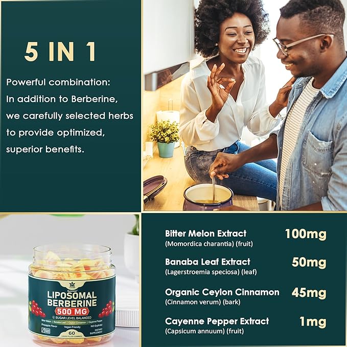 LILICARE Berberine 500mg Supplement, Once Daily, Liposomal Gummies with Ceylon Cinnamon, Bitter Melon, Banaba Leaf for Metabolism Balanced, AMPK Activator, High Absorption, Sugar Free, Vegan, 60 Cts