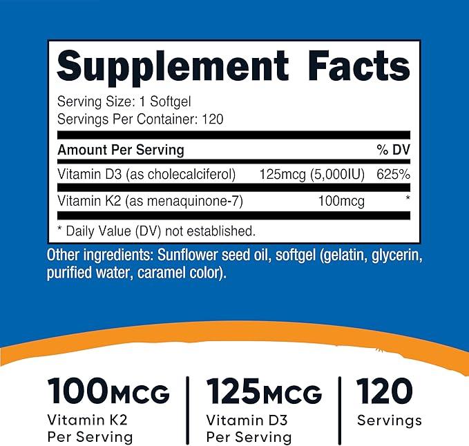 Nutricost Vitamin D3 + K2 (5000 IU D3 / 100mcg MK7), 120 Softgels – Gluten-Free & Non-GMO