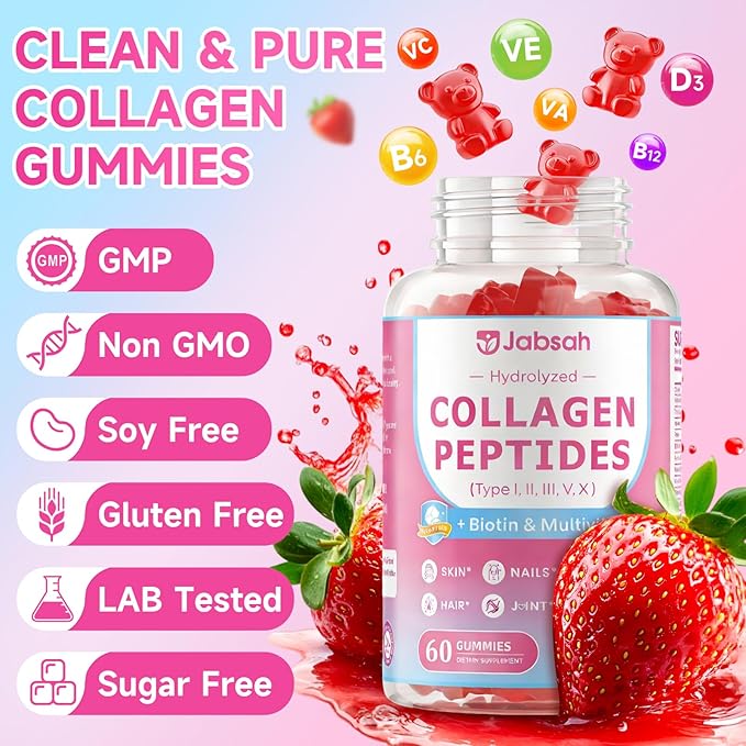 Collagen Gummies for Women & Men, Hydrolyzed Collagen Peptides (Type I, II, III, V, X) with Biotin, Hyaluronic Acid, MultiVitamins, Supports Healthy Skin, Thick Hair &Strong Nails, Sugar Free, 60Cts