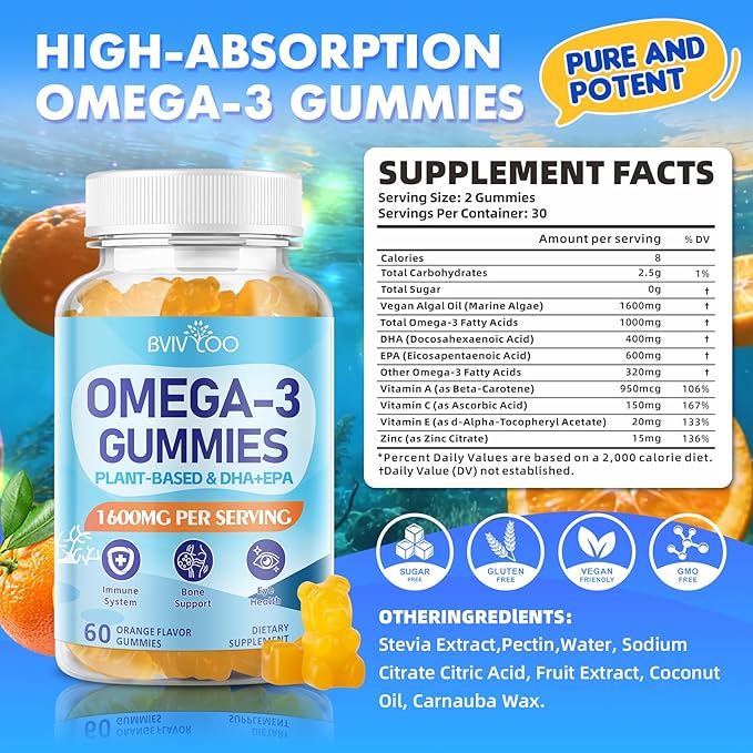 2 Pack Vegan Omega-3 Gummies - 1600mg with 600mg EPA & 400mg DHA. High Absorption Formula. Delicious Orange Flavor - 120 Gummies
