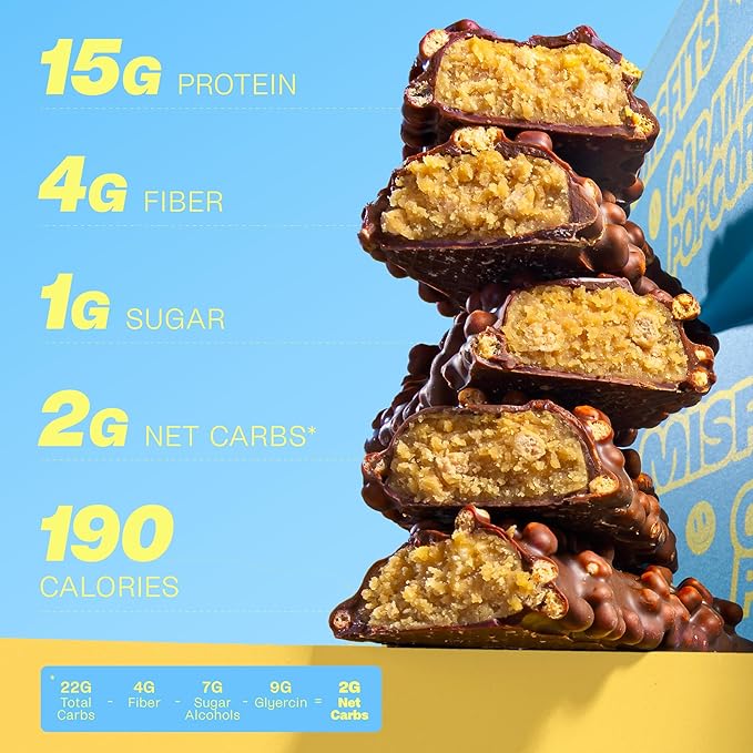 Misfits Vegan Protein Bars - Sweet & Salty Caramel Popcorn | Nutrition Bars - 15g Protein, 1g Sugar, Plant-based, Low Carb, Non-GMO, Gluten Free Snacks | Pack of 12