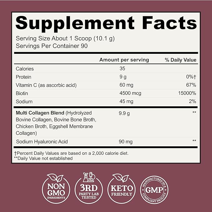 Multi Collagen Powder with Biotin, Hyaluronic Acid, Vitamin C (2lb Value Size) | Hydrolyzed Collagen Supplement (Types I, II, III, V, X). Hair, Skin, Nails for Women, Men