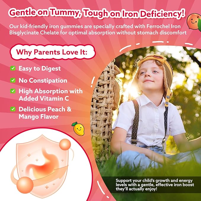 Iron Gummies for Kids & Teens, Kids Multivitamin with Iron Supplement, Calcium, Folate, Zinc, Prebiotic - for Blood Builder & Energy Support, Iron Deficiency - Vegan & Non-GMO - Mango & Peach