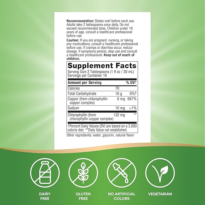 Nature’s Way Chlorofresh Liquid Chlorophyll, Chlorophyllin Copper Complex, Internal Deodorant Supplement, Supports Healthy Skin and Detox Pathways*, Mint Flavored, 16 fl oz