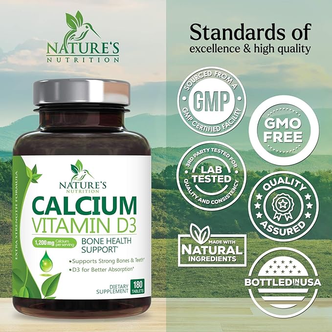 Calcium Supplement with Vitamin D3-1200 mg Calcium per Serving with D3 for Best Absorption - Supports Immune Health, Bones & Teeth - Nature's Calcium is Bottled in USA for Women & Men - 180 Tablets