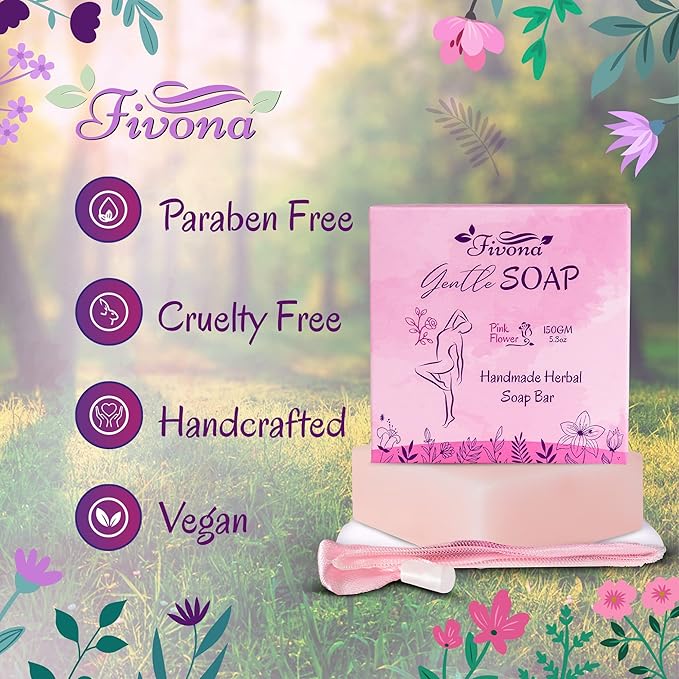 FIVONA Yoni Soap Herbal Bar 5.3oz for Gentle Feminine Intimate Wash and Whole Body All-Natural Handmade Includes Exfoliating Scrubber Foaming Net - Natural Detox and Vagi Cleansing
