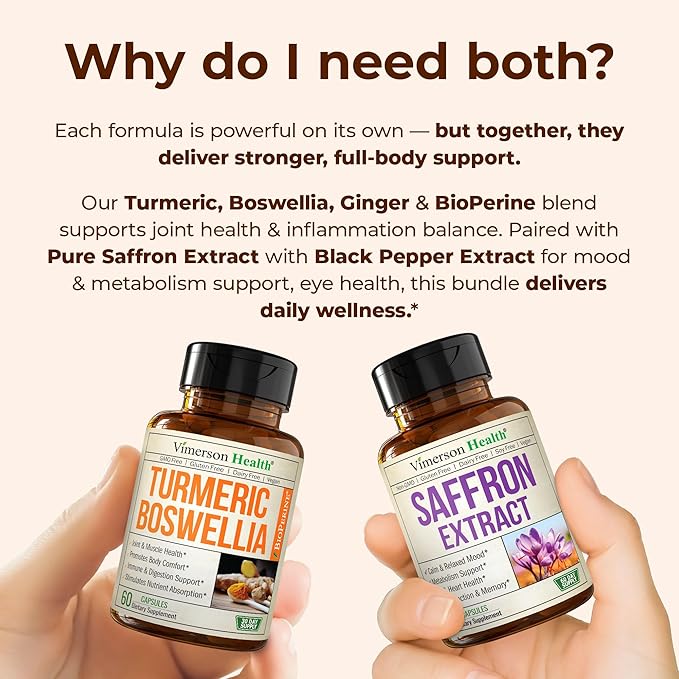 Boswellia Turmeric Curcumin Supplement + Pure Saffron Supplements for Women & Men Bundle – Supports Joint Health, Mood & Calm, Eye Health – with Ginger Root, Organic Turmeric Powder, Saffron Extract