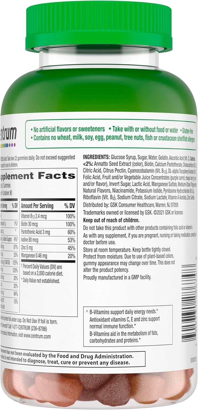 Centrum MultiGummies Gummy Multivitamin for Adults, Multivitamin/Multimineral Supplement with Vitamins D, B and E, Assorted Fruit Flavor - 18 Count