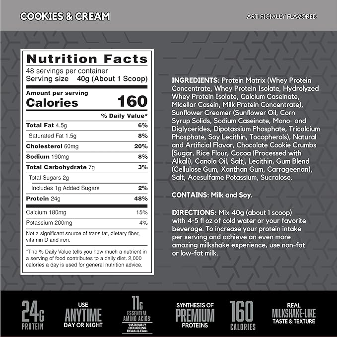 BSN SYNTHA-6 EDGE Protein Powder, Cookies n Cream Flavored Powder with Hydrolyzed Whey, Micellar Casein, for Muscle Gain, Low Sugar, 24g Protein, Cookies & Cream, 48 Servings, 4.23 Pound (Pack of 1)