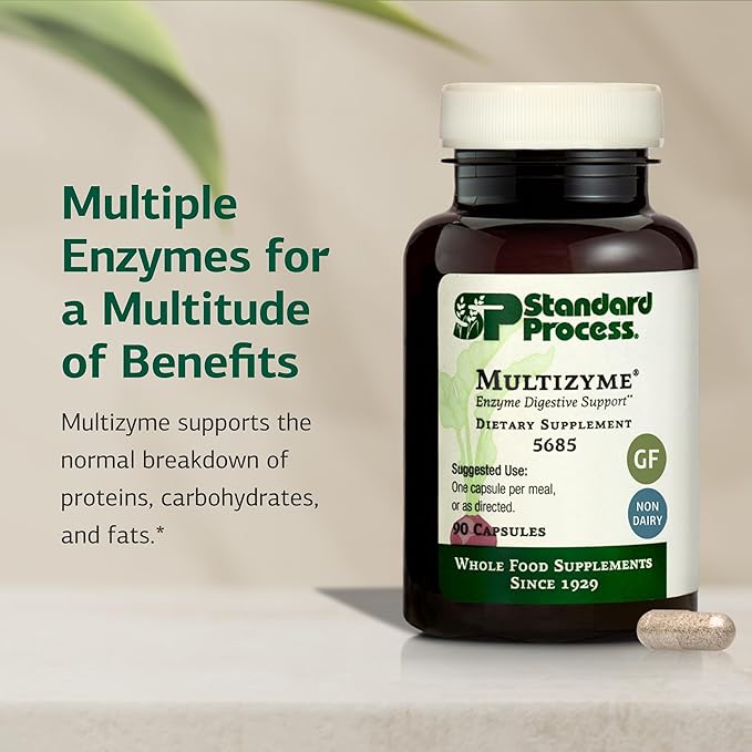 Standard Process Multizyme - Pancreatic Enzyme Supplement to Support the Breakdown of Proteins, Carbohydrates & Fats - Digestive Support - Gluten-Free, Non-Dairy & Non-Soy - 90 Capsules (90 Servings)