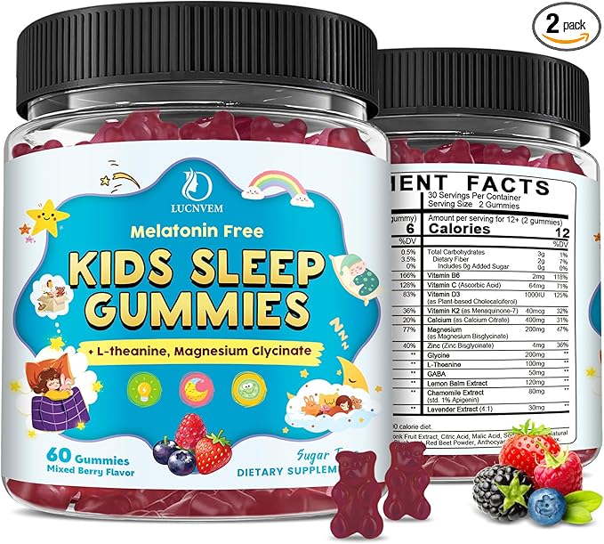 Kids Sleep Gummies with Magnesium Glycinate – Melatonin Free Bedtime Support for Kids – Calm & Relaxation with L-Theanine, GABA, Chamomile & Lemon Balm – Sugar Free Mixed Berry Flavor, 120 Gummies