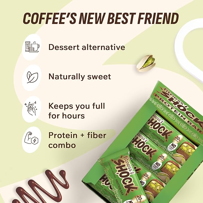 Fitness SHOCK Pistachio Chocolate Protein Bars - No Added Sugar, Low Calorie Low Carb Snack - 10g Protein, 0g Added Sugar, 180 Kcal, 15g Net Carbs, 8g Fat - 12 x 50g