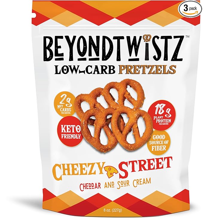 BeyondTwistz Low Carb Pretzels, Cheezy Street, Keto Friendly, 2g Net Carbs, 18g Protein, Powered By HealthSense® High Fiber Wheat Flour, Family Size 8oz Bag, Pack of 3