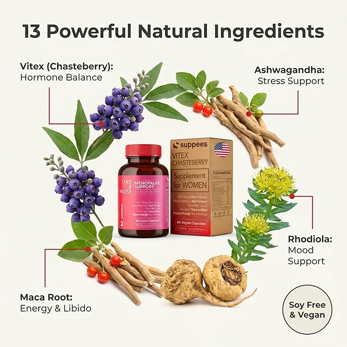 Vitex Chasteberry Supplement for Women – Non-Hormonal Menopause Support with Ashwagandha, Maca & Rhodiola – Hot Flashes, Night Sweats & Mood Support – Vegan, 60 Days Supply