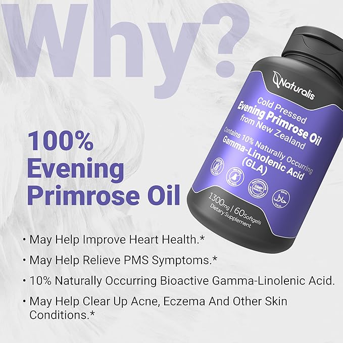 Naturalis Evening Primrose Oil (1300mg) | Natural from New Zealand | Non-GMO, Soy & Gluten Free, Zero Filler | 60 Softgels