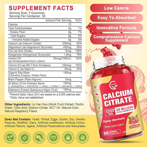 (3 Pack) Sugar Free Calcium Citrate Gummies 1200 mg with Vitamin d3, K2, Magnesium, Zinc for Bone, Muscle & Immune Support, High Absorption Calcium Supplement for Women, Raspberry Flavor, 60 Chews