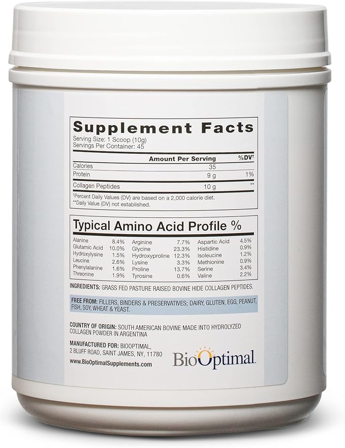 BioOptimal Collagen Peptides Powder - Grass-Fed, Pasture-Raised Hydrolyzed Protein Supplement for Skin, Hair, & Nails - Non-GMO, Zero Sugar Daily Supplement for Men & Women (45 Servings)