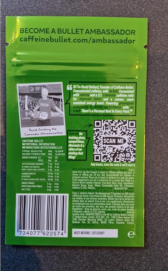 160mg L-Theanine + 80mg Caffeine Chews – Mint Matcha Flavour, Increases Productivity, Mental Clarity, Alertness | 4 Packs - 16 Servings | Brain Bullet | Energy Gum & Focus Gummy Upgrade